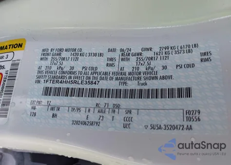 2024 Ford Ranger Xlt z USA, uszkodzony, nr VIN 1FTER4HH5RLE35847